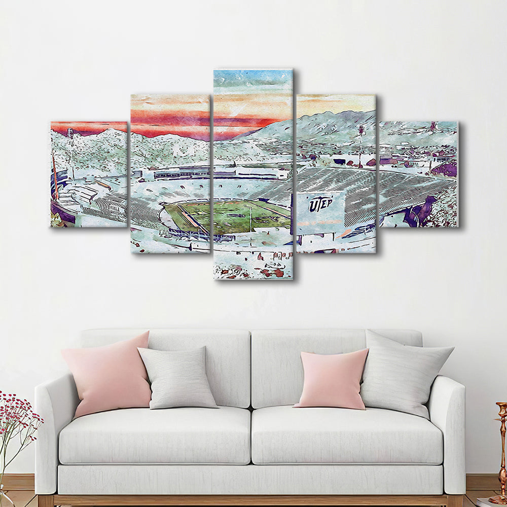 Sun Bowl Painting Stadium Watercolor, El Paso Texas Watercolor, Sport Art, Mixed 5 Panel, Canvas Print Wall Art