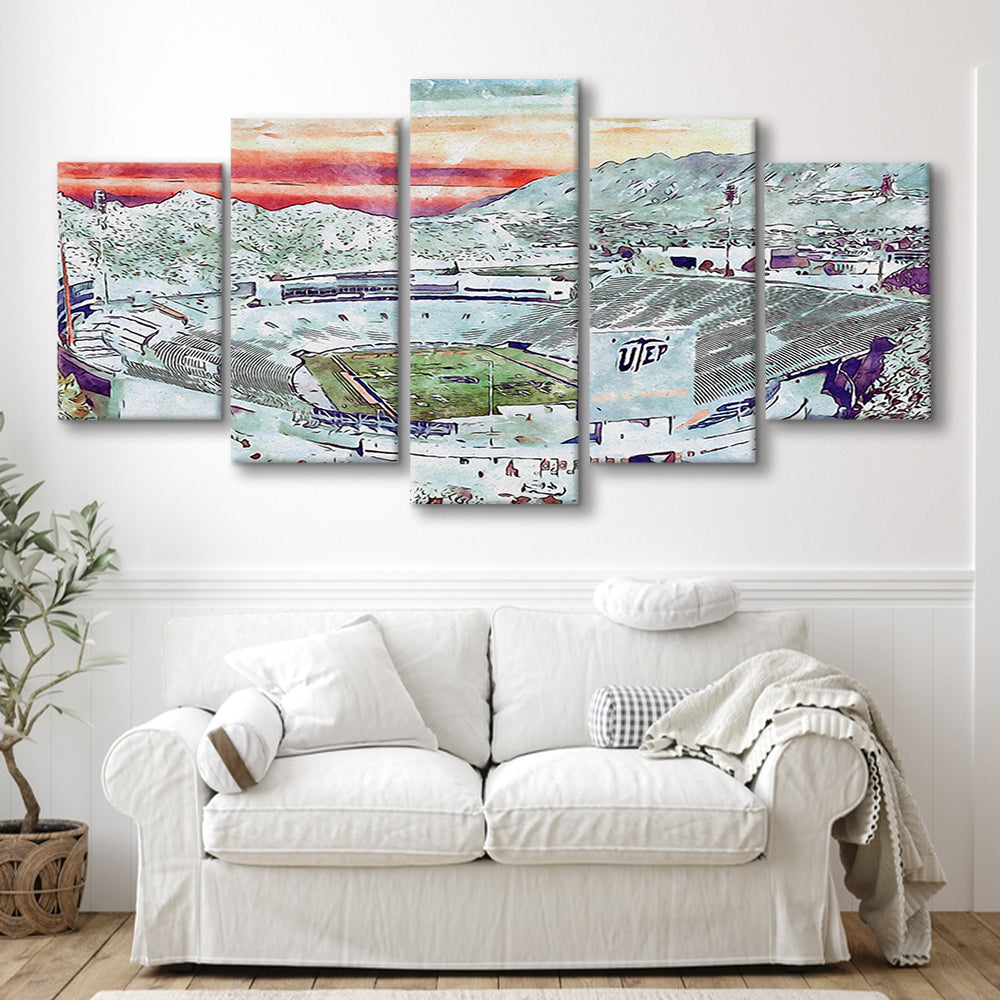 Sun Bowl Painting Stadium Watercolor, El Paso Texas Watercolor, Sport Art, Mixed 5 Panel, Canvas Print Wall Art