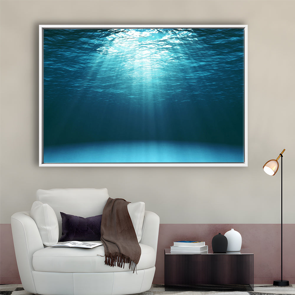 Sun Rays Under Water Canvas Set, Underwater Canvas Print, Underwater Wall Art, Framed Cavas Print, Floating Frame