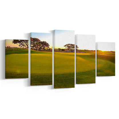 Sunrise On The Golf Course, Golf Art Print, 5 Pieces Mixed Canvas Print Wall Art