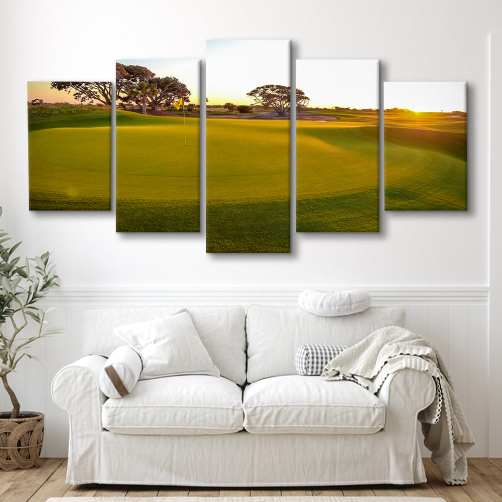 Sunrise On The Golf Course, Golf Art Print, 5 Pieces Mixed Canvas Print Wall Art