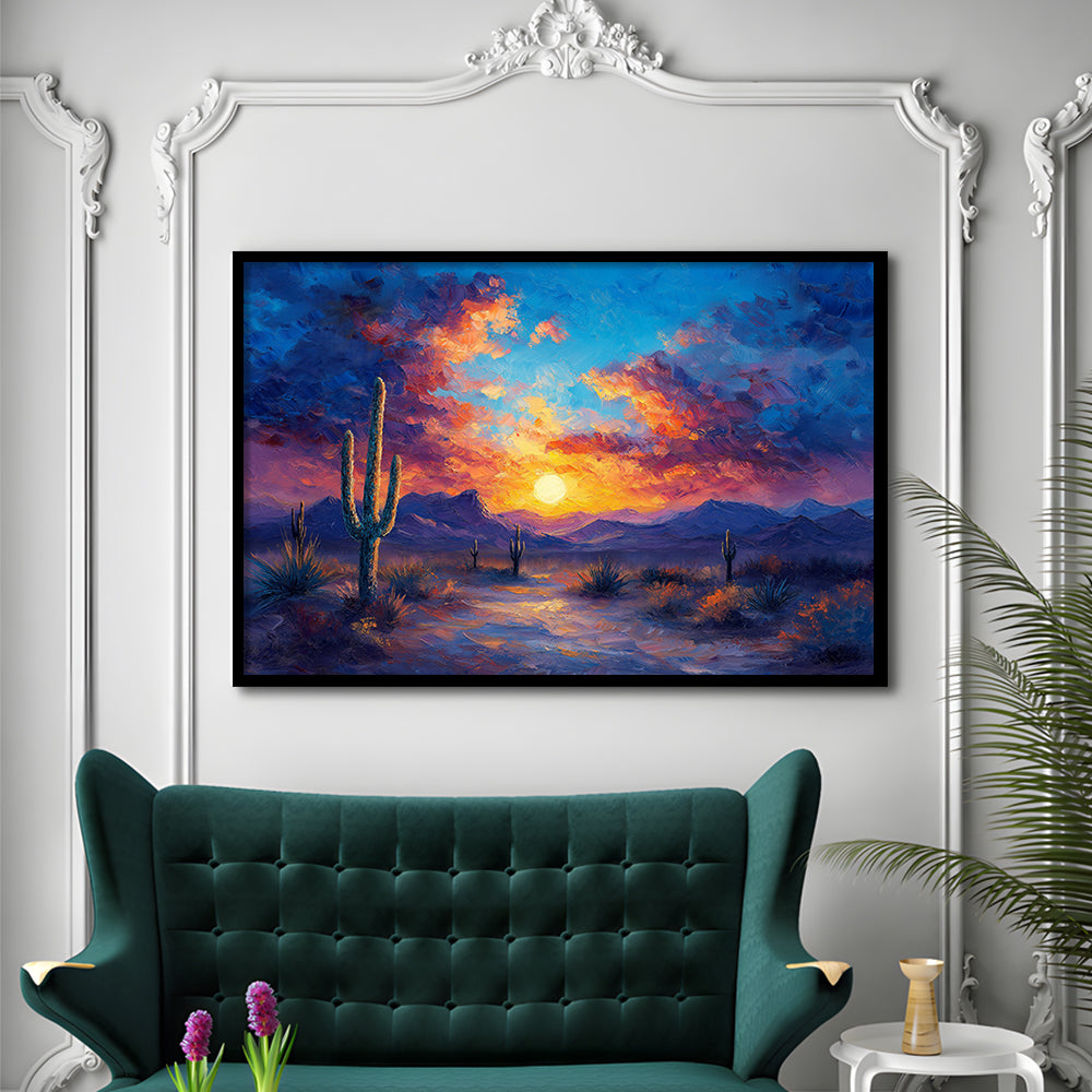 Sunset Oil Painting Moody Desert Pastel Cloud, Framed  Print, Painting Art, Framed Art Print Wall Decor, Framed Picture