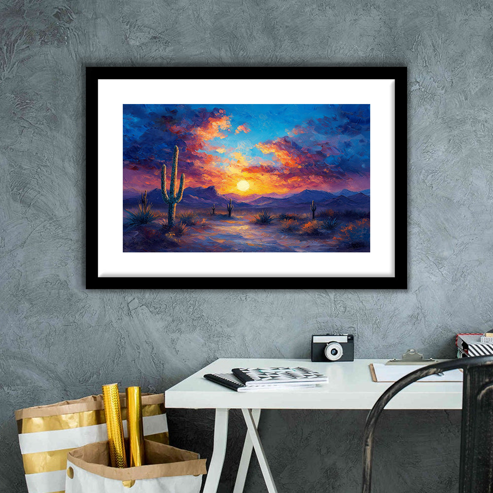 Sunset Oil Painting Moody Desert Pastel Cloud, Framed  Print, Painting Art, Framed Art Print White Border Wall Decor