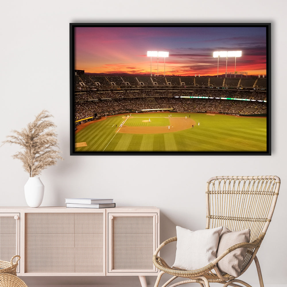 Sunset at Oakland Coliseum, Stadium Canvas, Sport Art, Framed Canvas Print Wall Art, Floating Frame