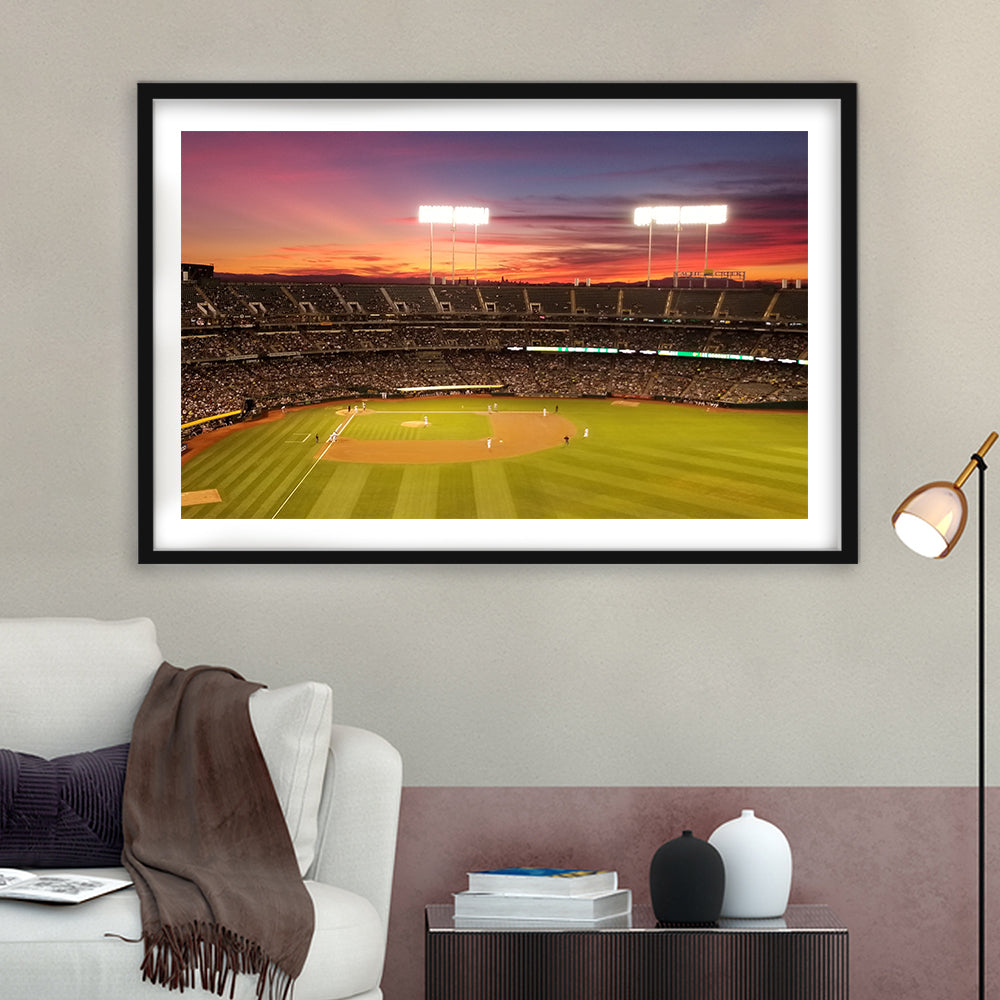 Sunset at Oakland Coliseum, Stadium Canvas, Sport Art, Gift for him, White Border Framed Art Print Wall Decor
