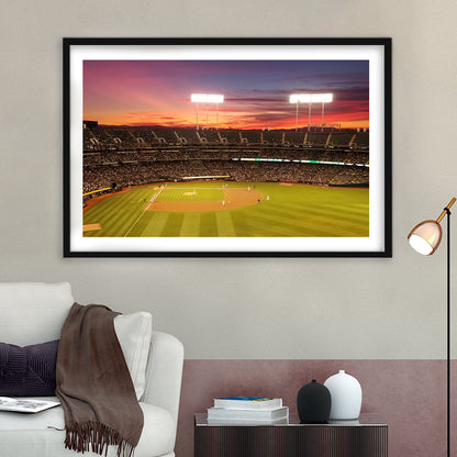 Sunset at Oakland Coliseum, Stadium Canvas, Sport Art, Gift for him, White Border Framed Art Print Wall Decor