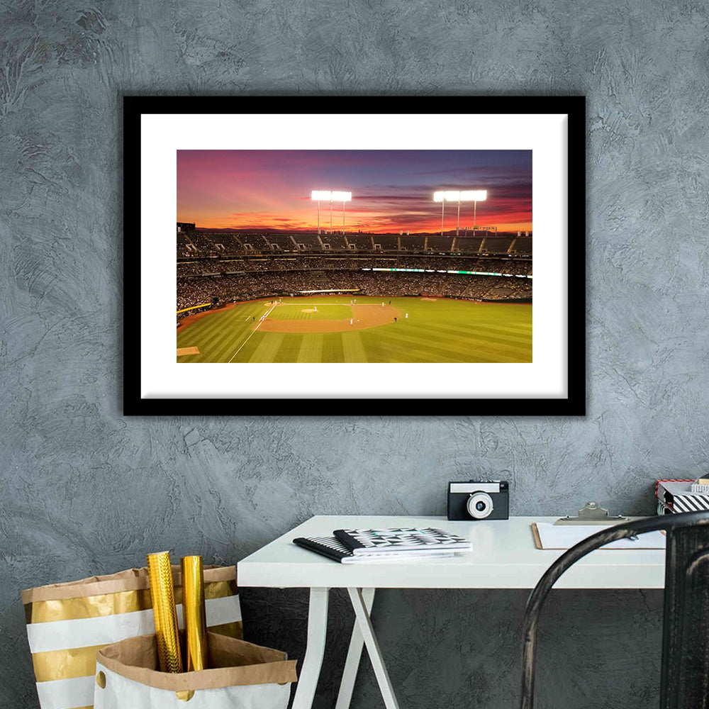 Sunset at Oakland Coliseum, Stadium Canvas, Sport Art, Gift for him, White Border Framed Art Print Wall Decor
