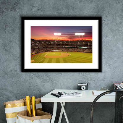 Sunset at Oakland Coliseum, Stadium Canvas, Sport Art, Gift for him, White Border Framed Art Print Wall Decor