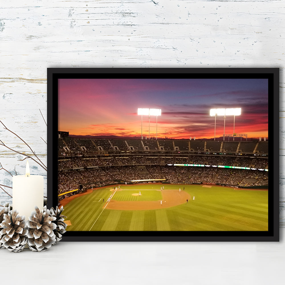 Sunset at Oakland Coliseum, Stadium Canvas, Sport Art, Framed Canvas Print Wall Art, Floating Frame
