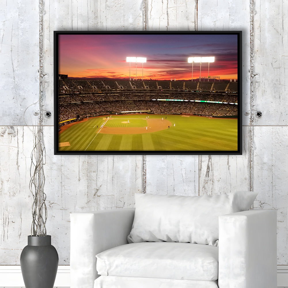 Sunset at Oakland Coliseum, Stadium Canvas, Sport Art, Framed Canvas Print Wall Art, Floating Frame