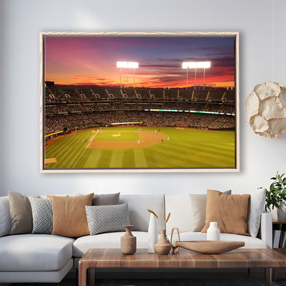 Sunset at Oakland Coliseum, Stadium Canvas, Sport Art, Framed Canvas Print Wall Art, Floating Frame
