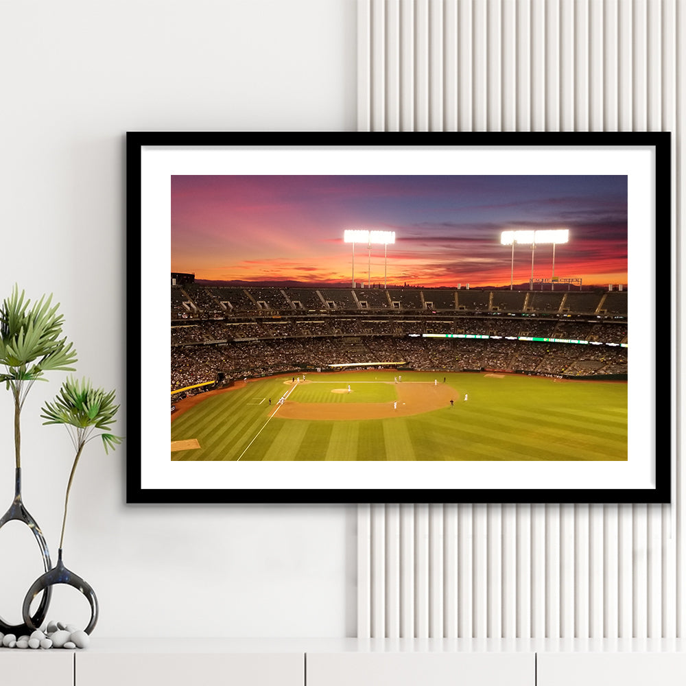 Sunset at Oakland Coliseum, Stadium Canvas, Sport Art, Gift for him, White Border Framed Art Print Wall Decor