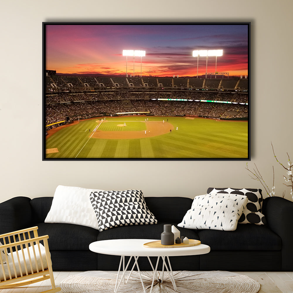 Sunset at Oakland Coliseum, Stadium Canvas, Sport Art, Framed Canvas Print Wall Art, Floating Frame