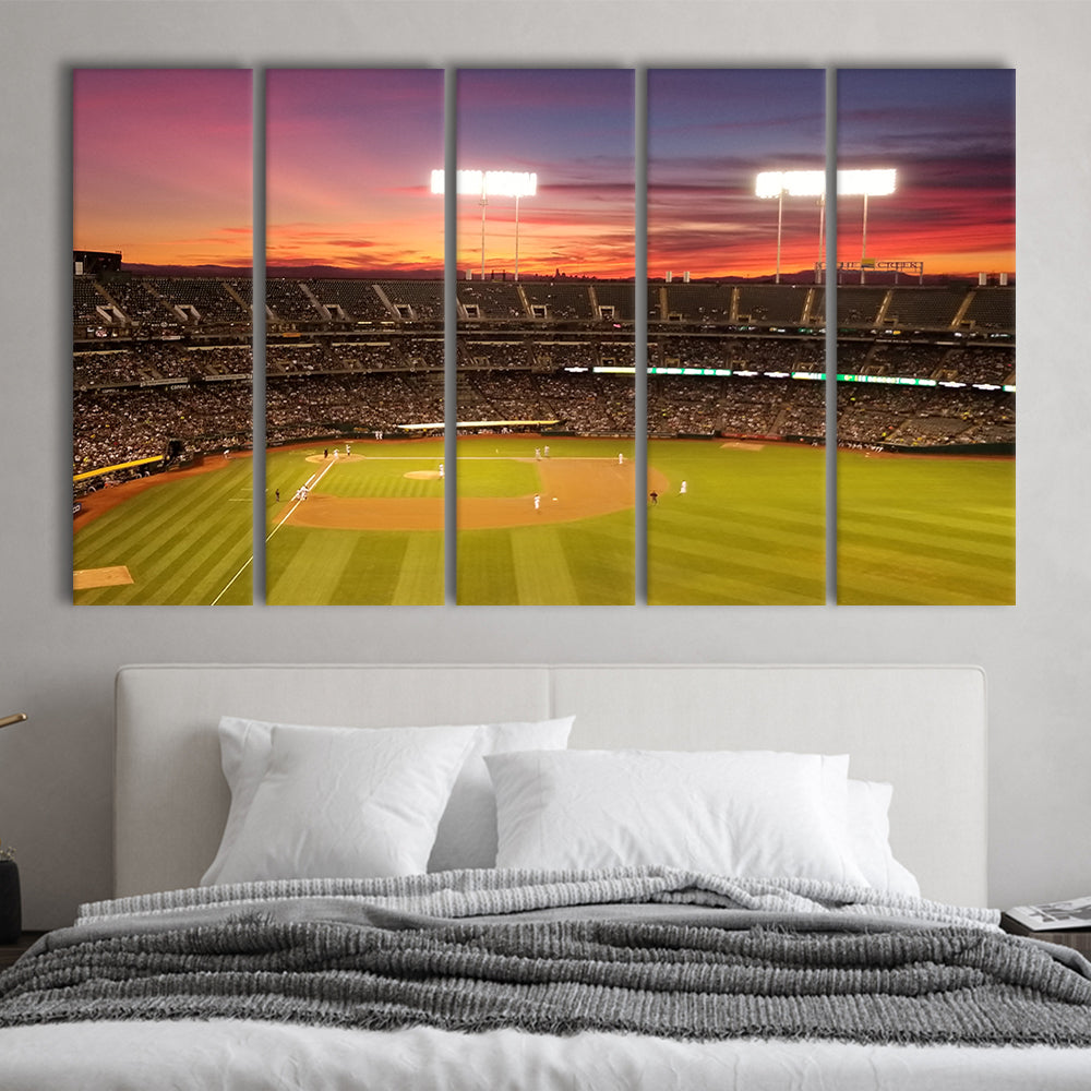 Sunset at Oakland Coliseum, Stadium Canvas, Sport Art, 5 Panel B, Extra Large Canvas, Canvas Print Wall Art