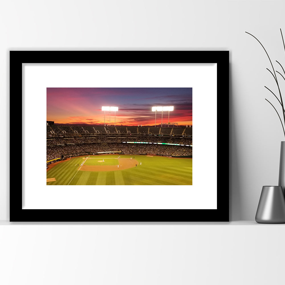 Sunset at Oakland Coliseum, Stadium Canvas, Sport Art, Gift for him, White Border Framed Art Print Wall Decor