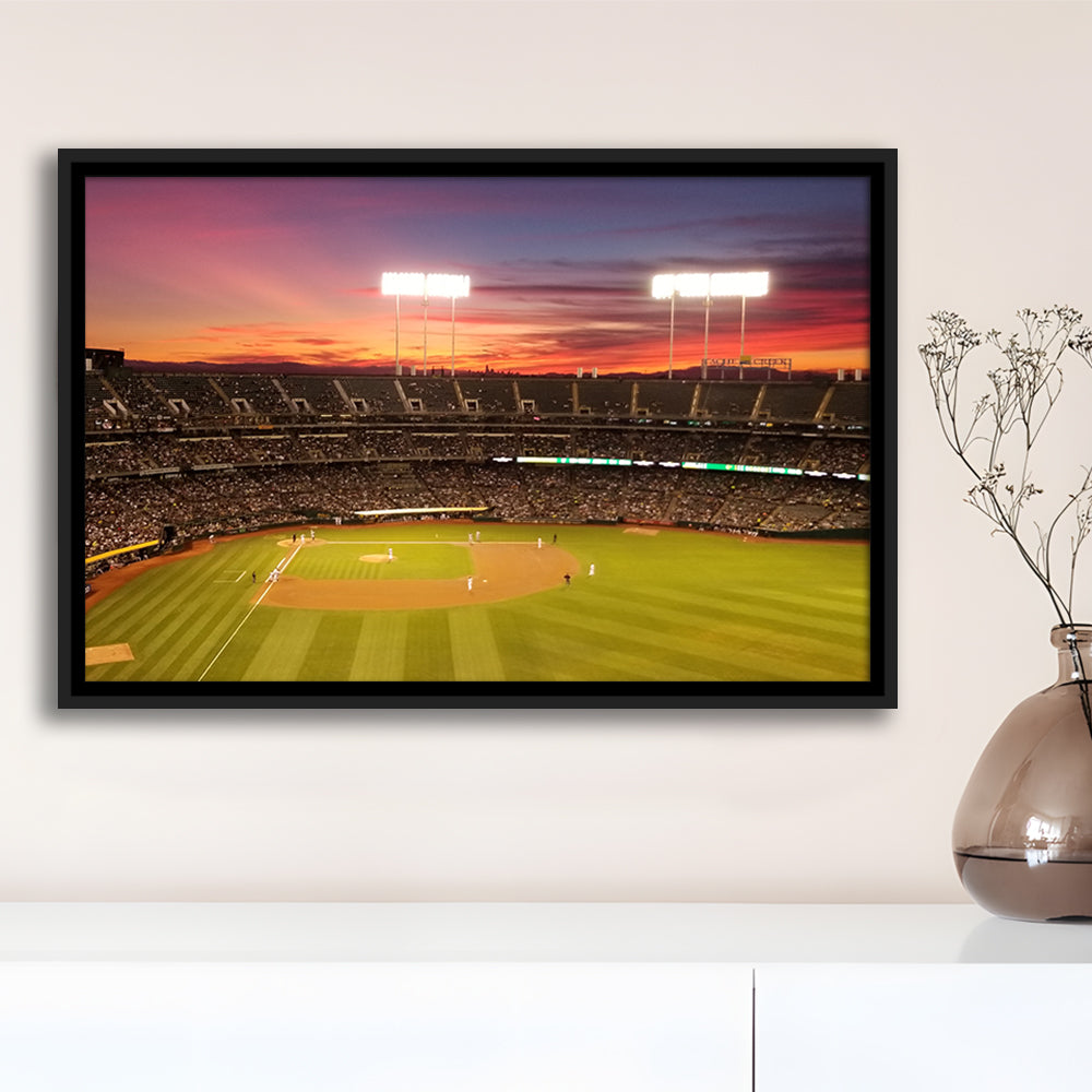 Sunset at Oakland Coliseum, Stadium Canvas, Sport Art, Framed Canvas Print Wall Art, Floating Frame