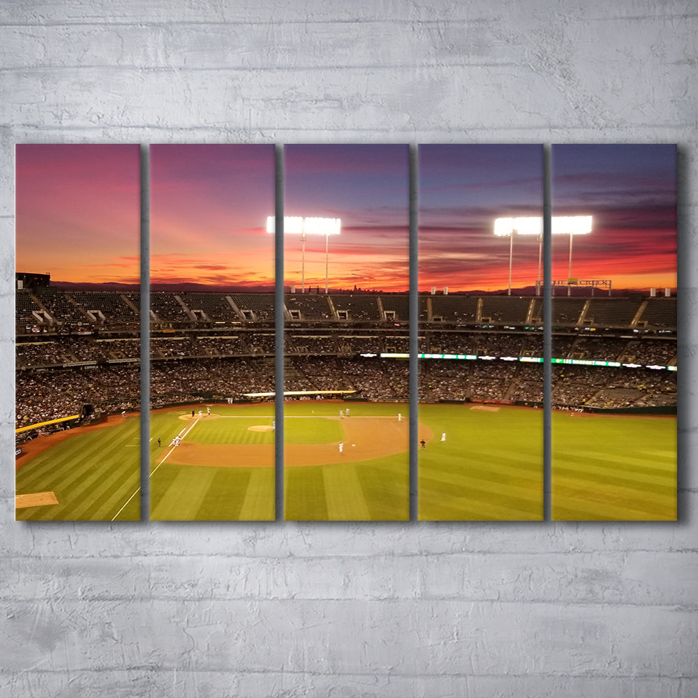 Sunset at Oakland Coliseum, Stadium Canvas, Sport Art, 5 Panel B, Extra Large Canvas, Canvas Print Wall Art