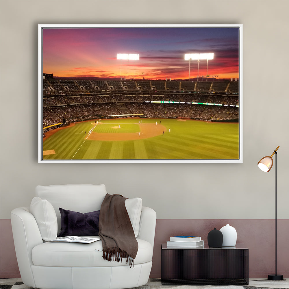 Sunset at Oakland Coliseum, Stadium Canvas, Sport Art, Framed Canvas Print Wall Art, Floating Frame
