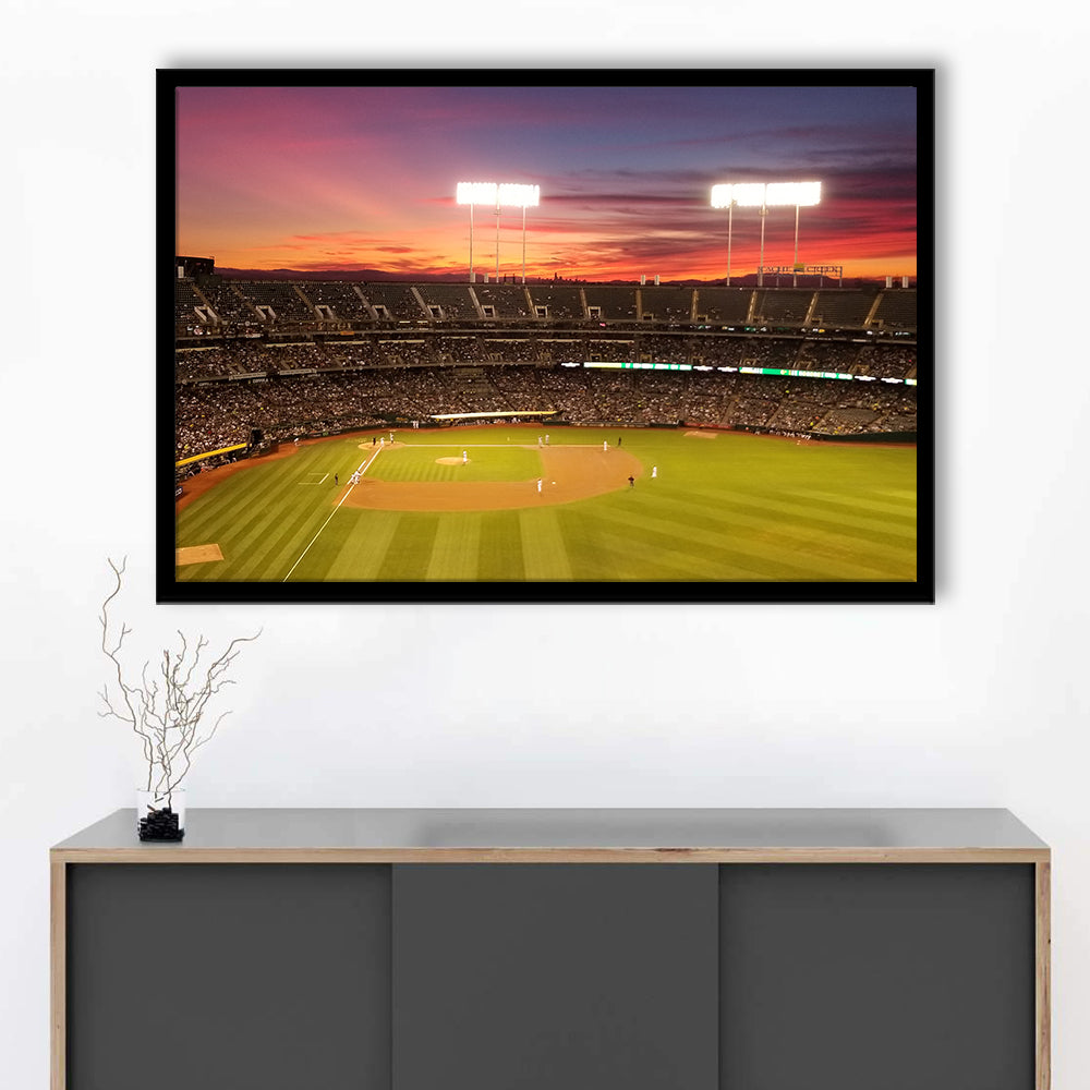 Sunset at Oakland Coliseum, Stadium Canvas, Sport Art, Gift for him, Framed Art Print Wall Decor, Picture Framed