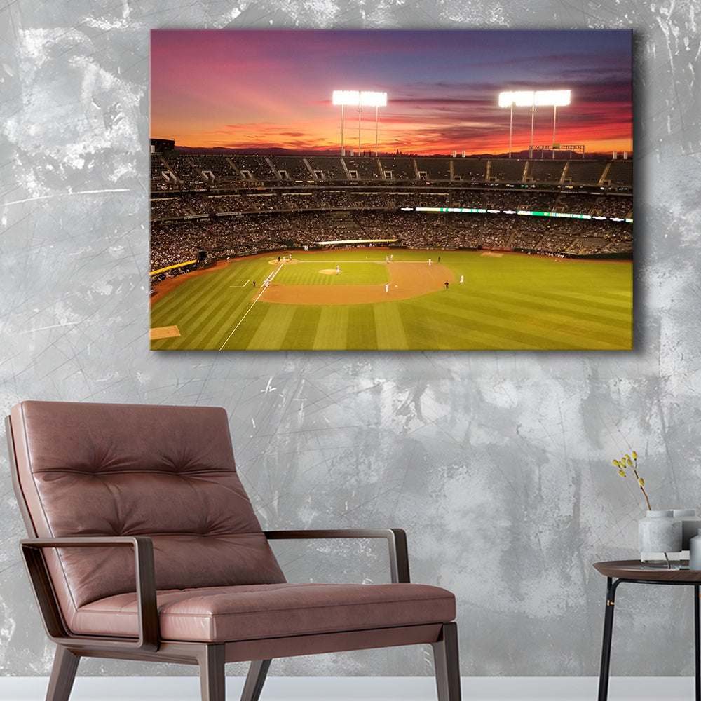 Sunset at Oakland Coliseum, Stadium Canvas, Sport Art, Gift for him, Man Cave Decor, Art Print, Canvas Print Wall Art