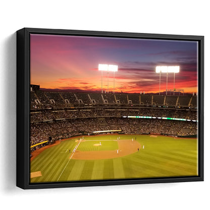 Sunset at Oakland Coliseum, Stadium Canvas, Sport Art, Framed Canvas Print Wall Art, Floating Frame