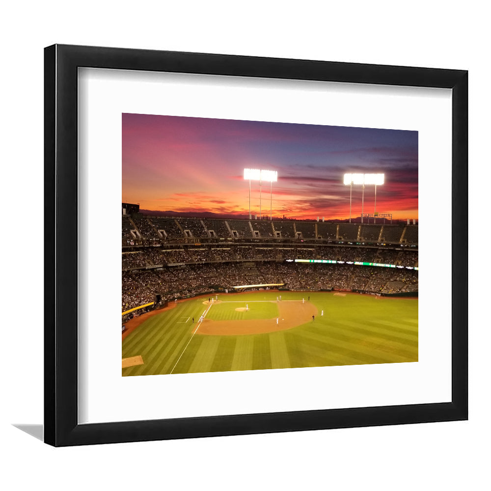 Sunset at Oakland Coliseum, Stadium Canvas, Sport Art, Gift for him, White Border Framed Art Print Wall Decor