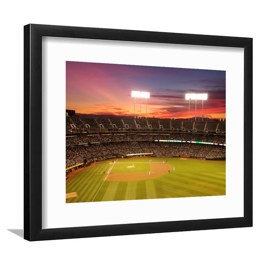 Sunset at Oakland Coliseum, Stadium Canvas, Sport Art, Gift for him, White Border Framed Art Print Wall Decor