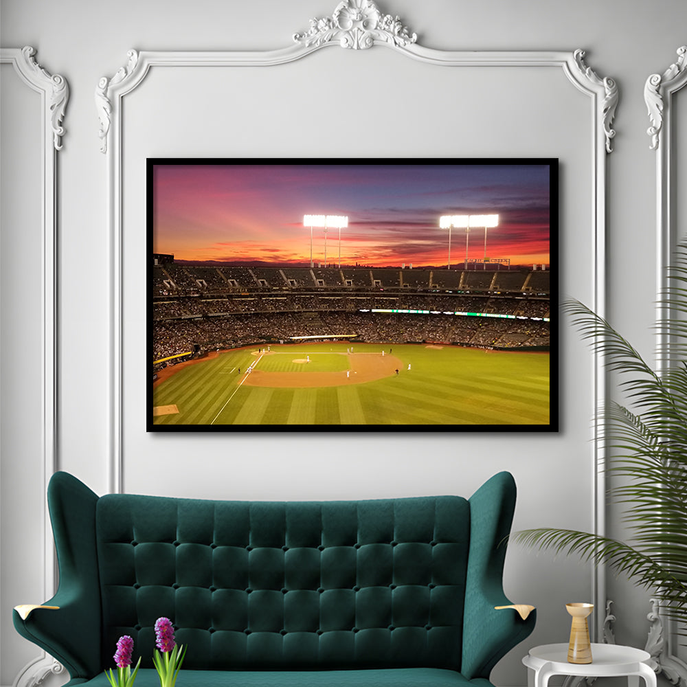 Sunset at Oakland Coliseum, Stadium Canvas, Sport Art, Gift for him, Framed Art Print Wall Decor, Picture Framed