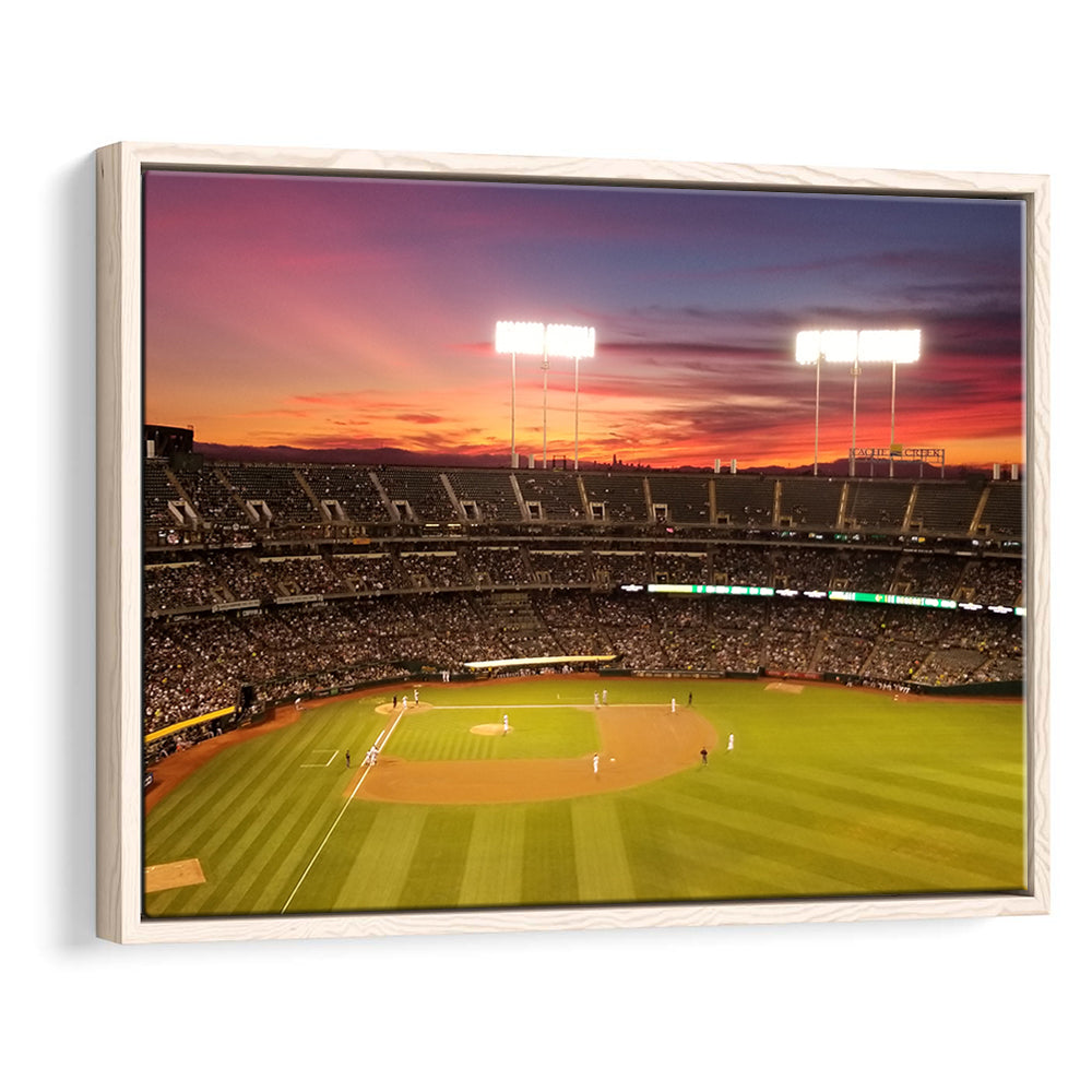 Sunset at Oakland Coliseum, Stadium Canvas, Sport Art, Framed Canvas Print Wall Art, Floating Frame