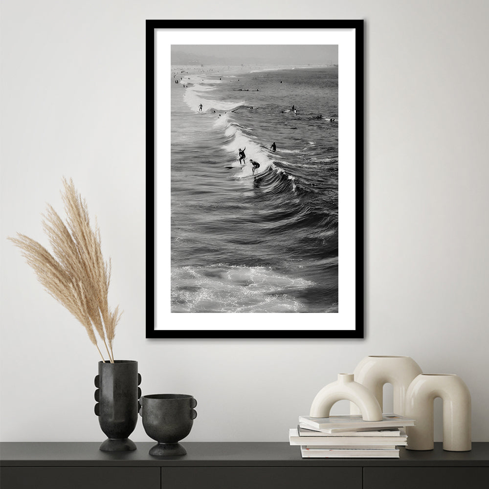 Surf California Wall Art Black and White, Beach Wall Art, Surfing Print, Framed Art Print White Border Wall Decor