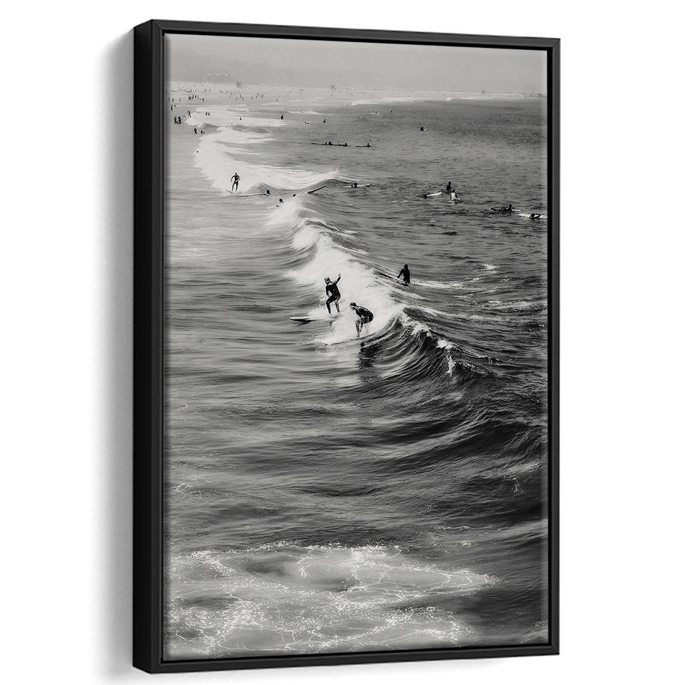 Surf California Wall Art Black and White, Beach Wall Art, Surfing Print, Floating Framed Canvas Print