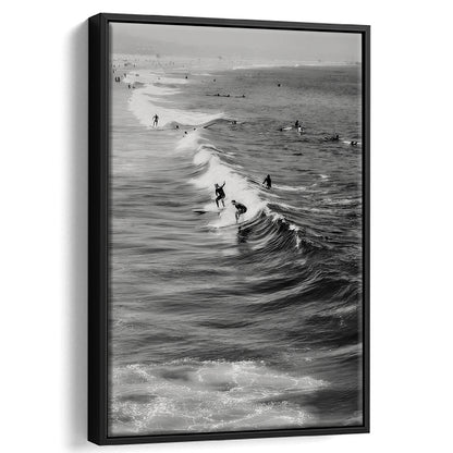 Surf California Wall Art Black and White, Beach Wall Art, Surfing Print, Floating Framed Canvas Print