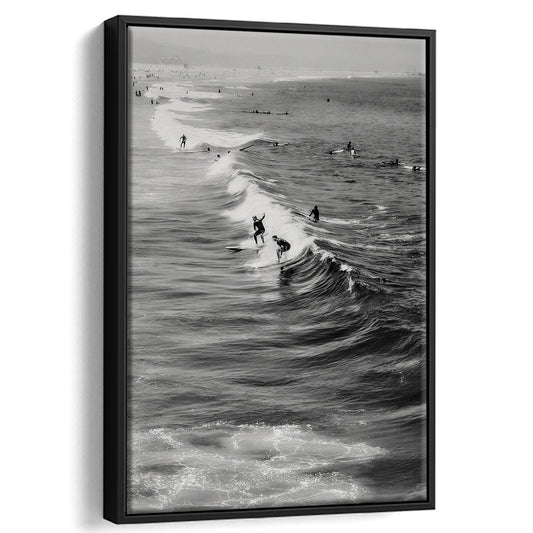 Surf California Wall Art Black and White, Beach Wall Art, Surfing Print, Floating Framed Canvas Print