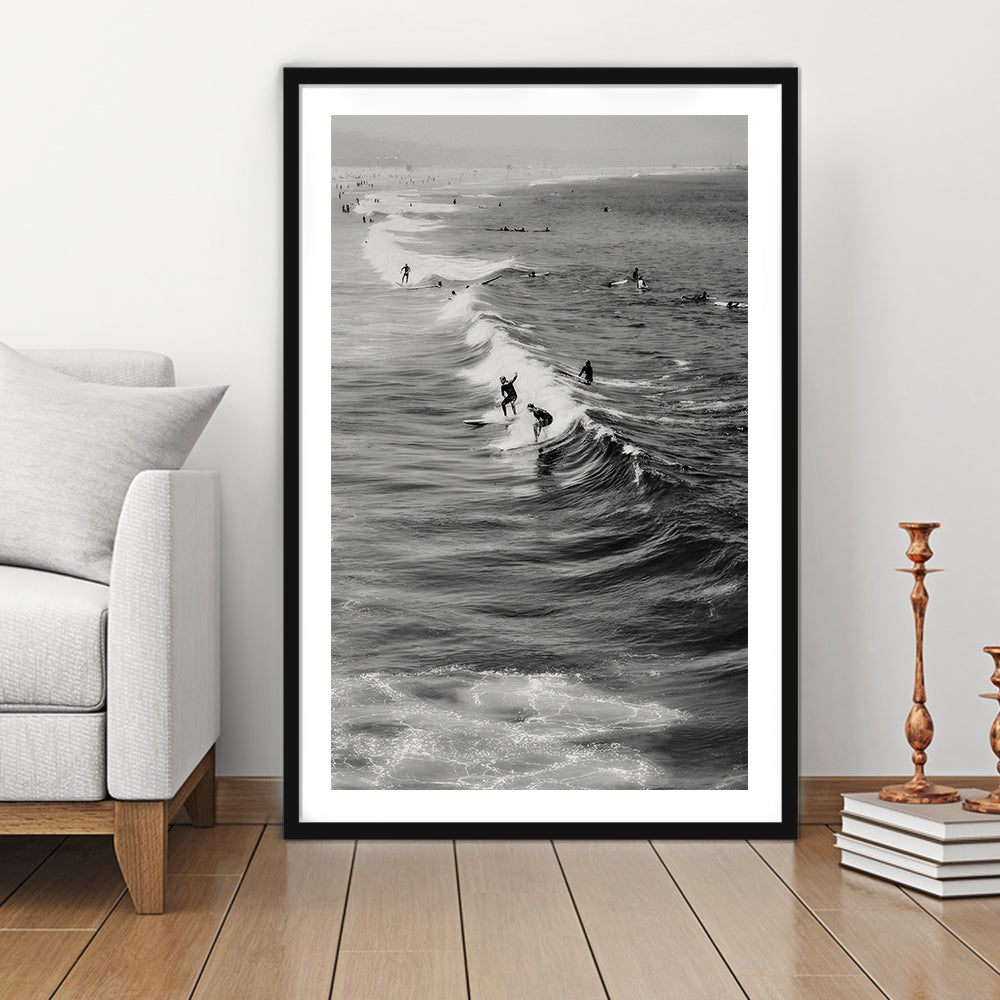 Surf California Wall Art Black and White, Beach Wall Art, Surfing Print, Framed Art Print White Border Wall Decor