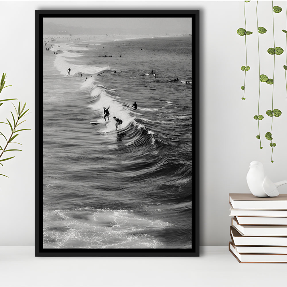 Surf California Wall Art Black and White, Beach Wall Art, Surfing Print, Floating Framed Canvas Print