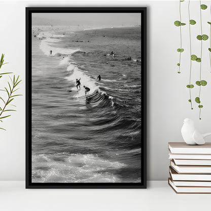 Surf California Wall Art Black and White, Beach Wall Art, Surfing Print, Floating Framed Canvas Print