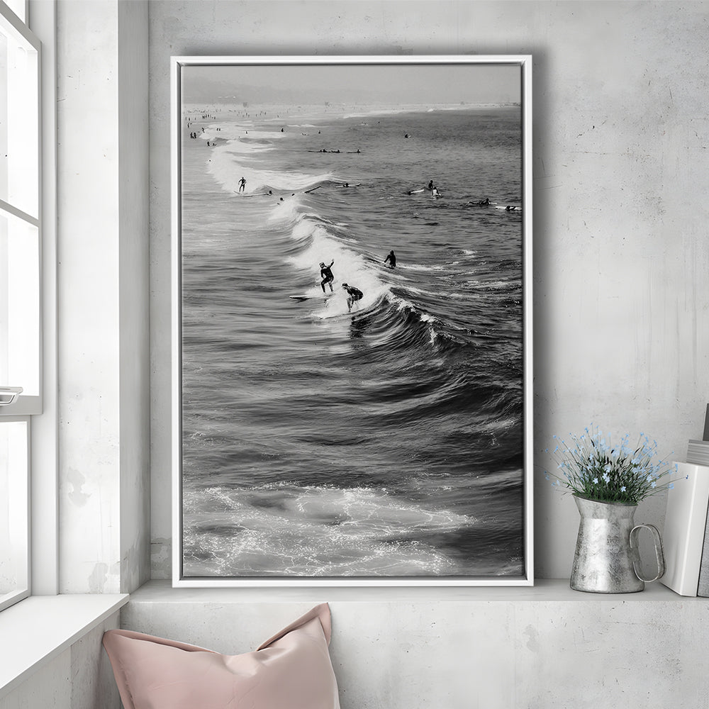 Surf California Wall Art Black and White, Beach Wall Art, Surfing Print, Floating Framed Canvas Print