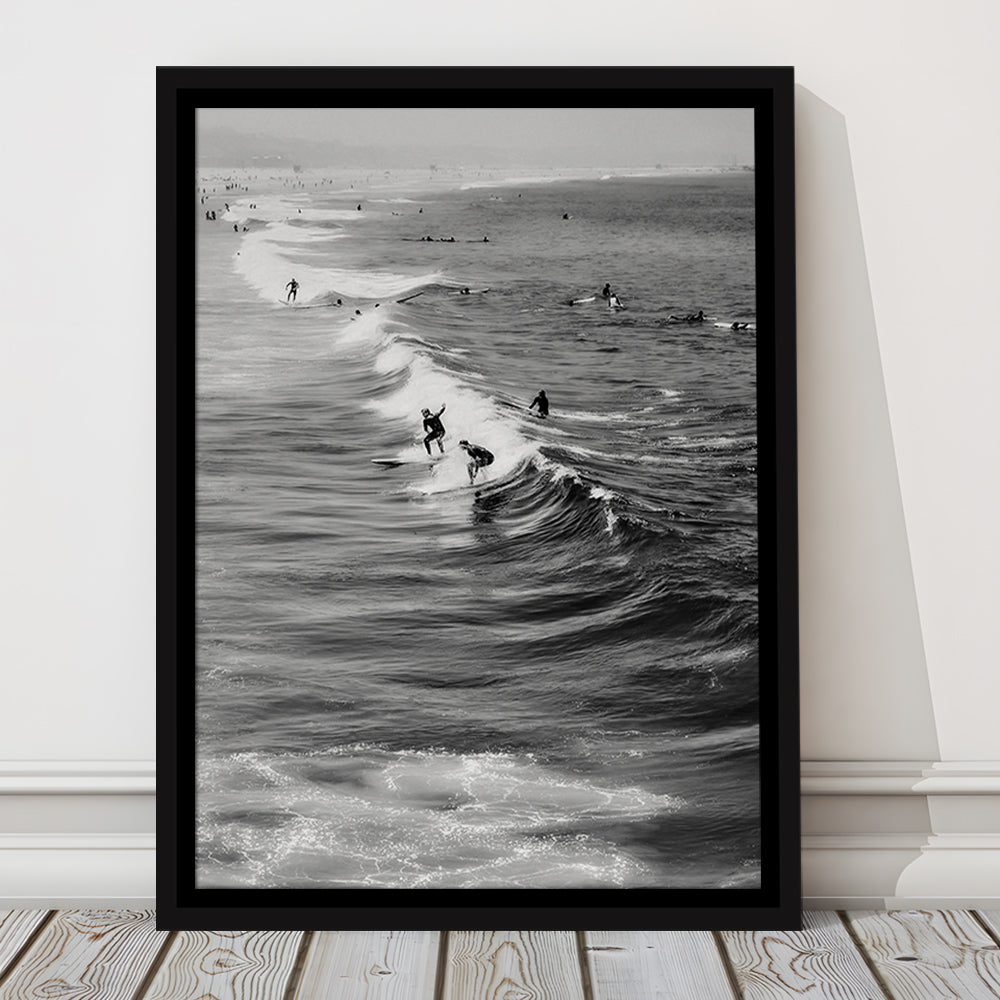 Surf California Wall Art Black and White, Beach Wall Art, Surfing Print, Floating Framed Canvas Print