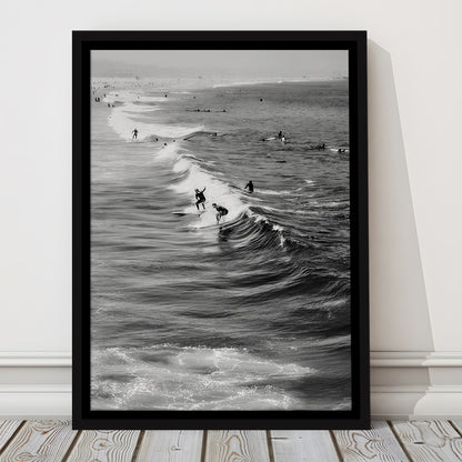 Surf California Wall Art Black and White, Beach Wall Art, Surfing Print, Floating Framed Canvas Print