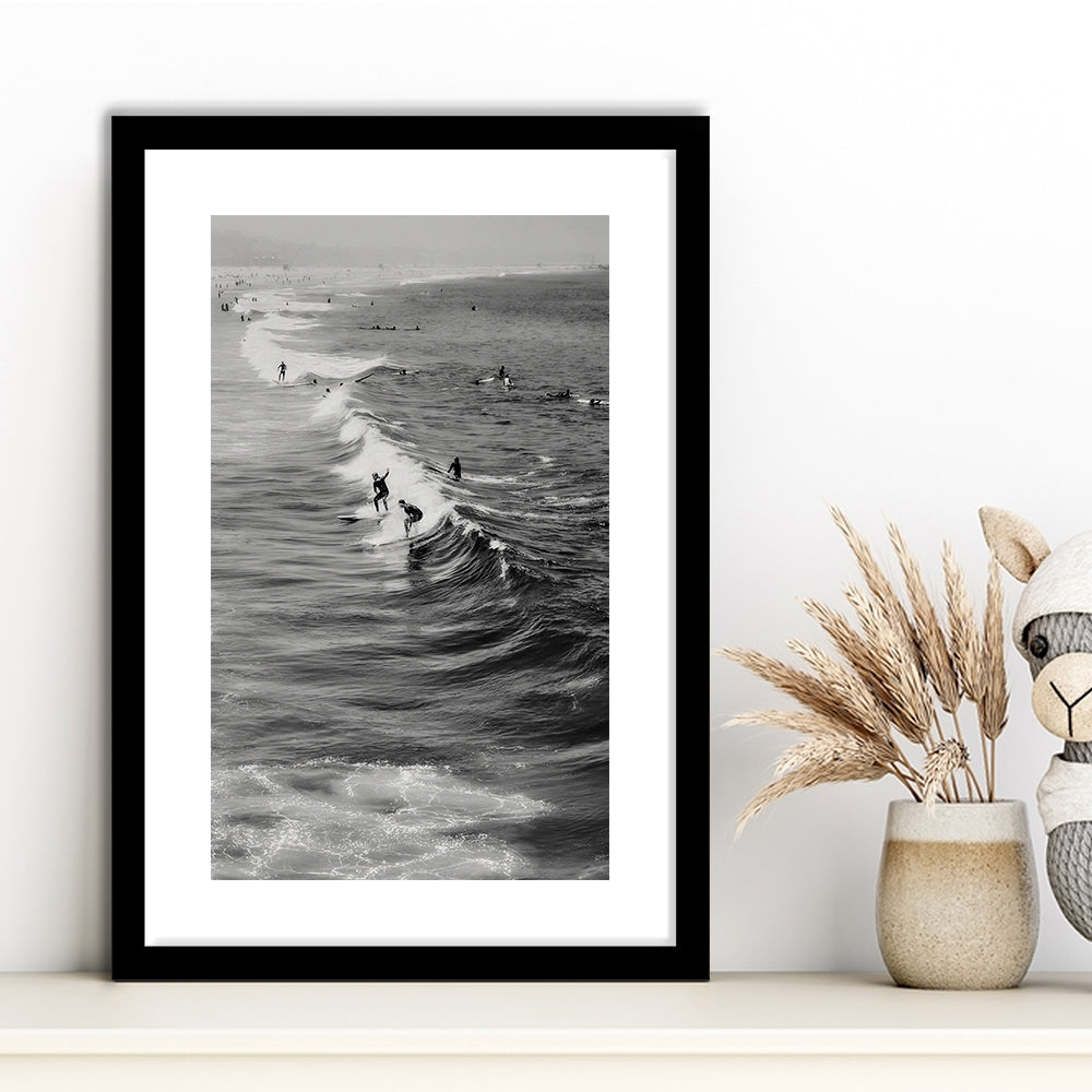 Surf California Wall Art Black and White, Beach Wall Art, Surfing Print, Framed Art Print White Border Wall Decor