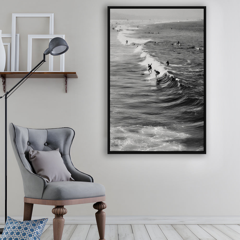 Surf California Wall Art Black and White, Beach Wall Art, Surfing Print, Floating Framed Canvas Print