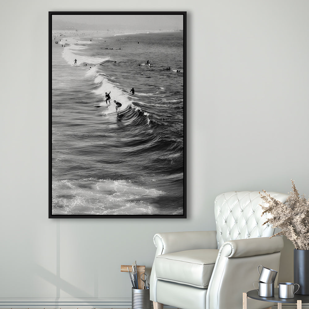 Surf California Wall Art Black and White, Beach Wall Art, Surfing Print, Floating Framed Canvas Print