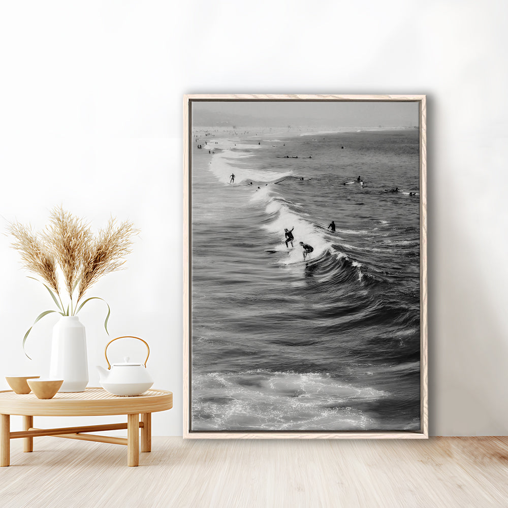 Surf California Wall Art Black and White, Beach Wall Art, Surfing Print, Floating Framed Canvas Print
