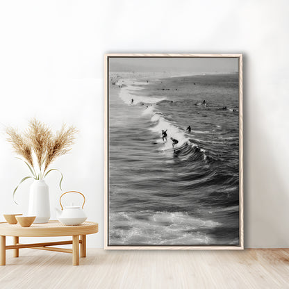 Surf California Wall Art Black and White, Beach Wall Art, Surfing Print, Floating Framed Canvas Print
