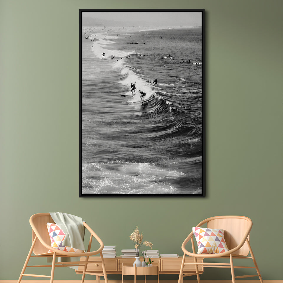 Surf California Wall Art Black and White, Beach Wall Art, Surfing Print, Floating Framed Canvas Print