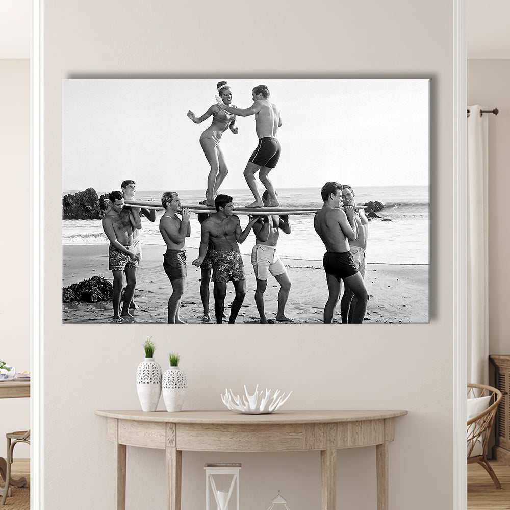 Surfers Beach Party Print, Black and White Wall Art, Summer Beach House Decor, Canvas Print Wall Art Decor