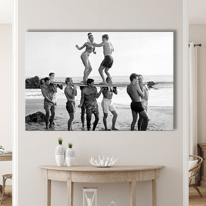 Surfers Beach Party Print, Black and White Wall Art, Summer Beach House Decor, Canvas Print Wall Art Decor