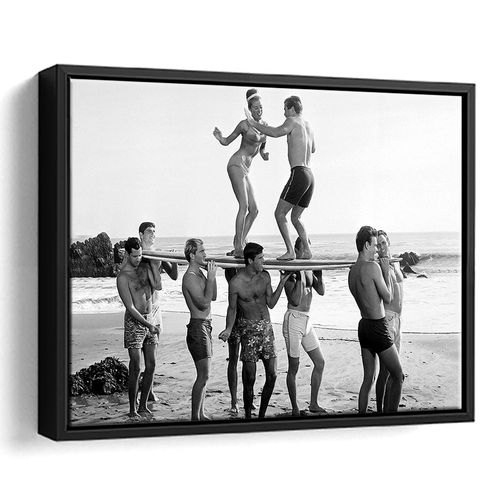 Surfers Beach Party Print, Black and White Wall Art, Summer Beach House Decor, Floating Framed Canvas Print