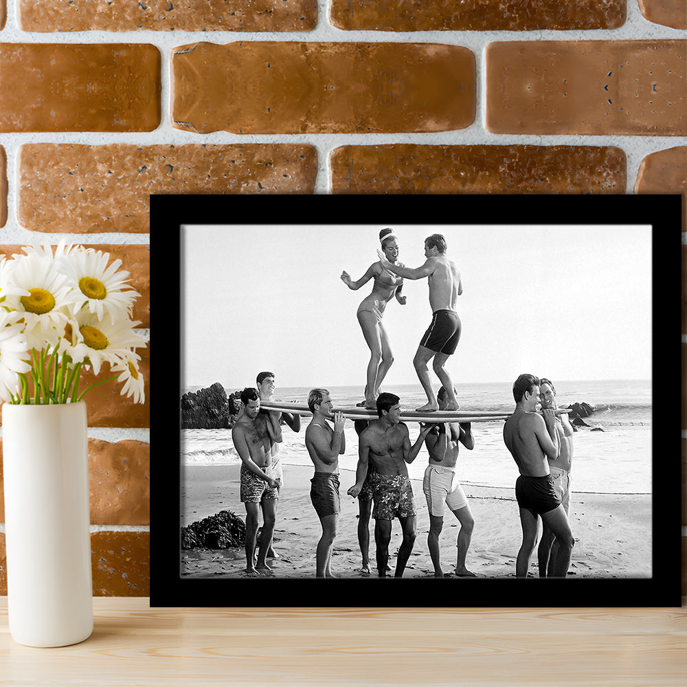 Surfers Beach Party Print, Black and White Wall Art, Summer Beach House Decor, Framed Art Print Wall Decor