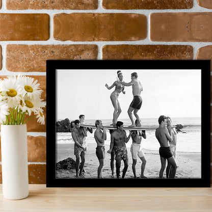 Surfers Beach Party Print, Black and White Wall Art, Summer Beach House Decor, Framed Art Print Wall Decor